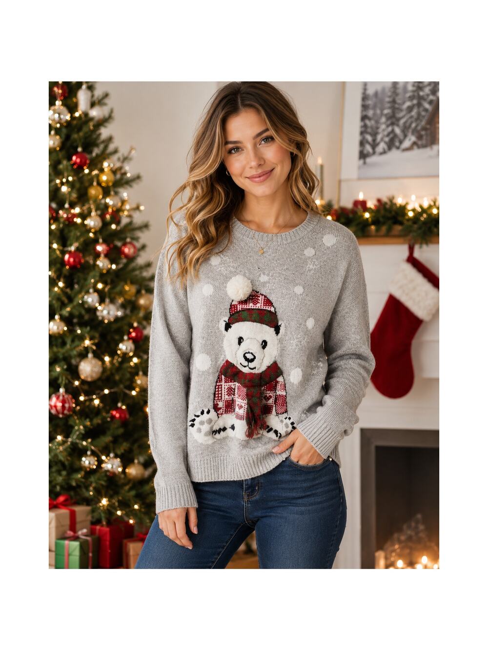 Karen Scott Polar Bear 3D Knit Ugly Christmas Sweater Gray Holiday Winter L